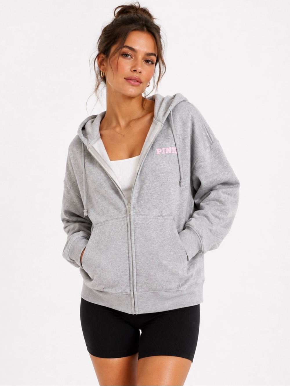 PINK Victoria's Secret Light Gray Zip Hoodie with Pink Logo